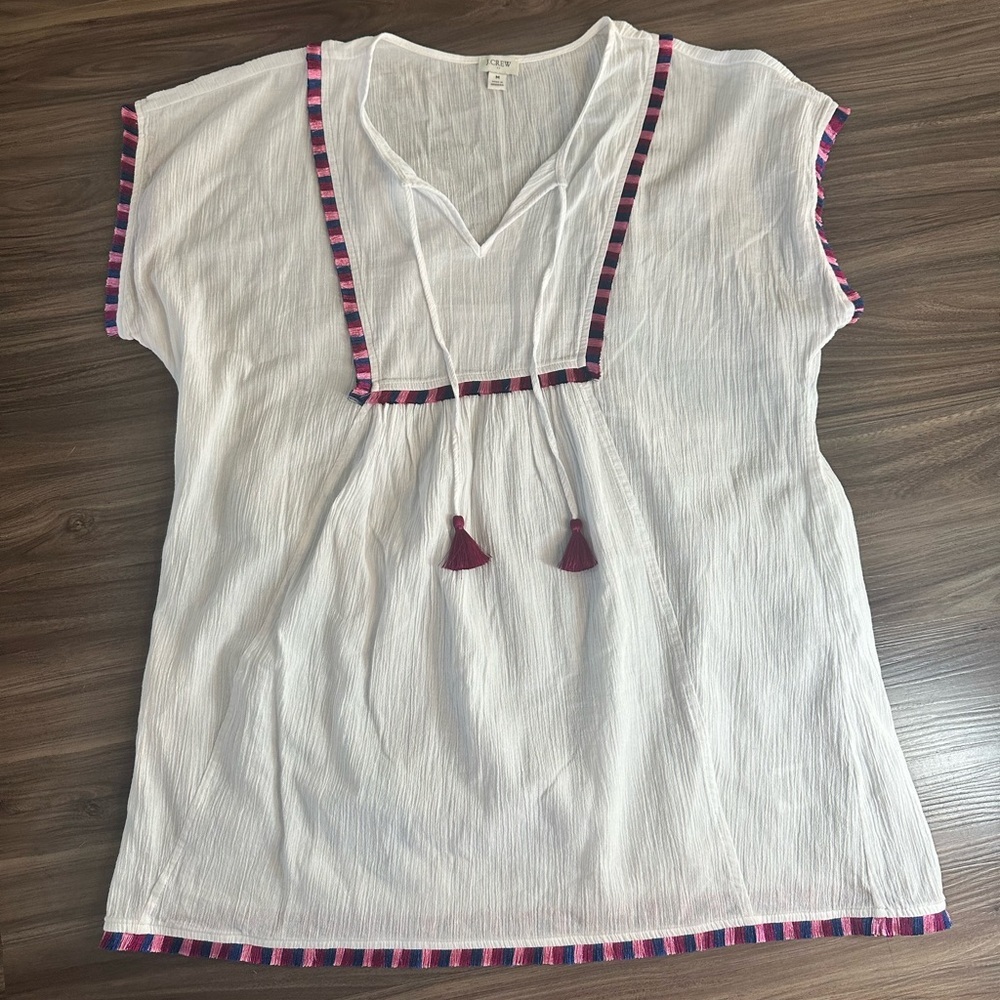 J.Crew White Gauze Top 100% Cotton Medium Tassel Tie‎ Boho Short Sleeve Blouse